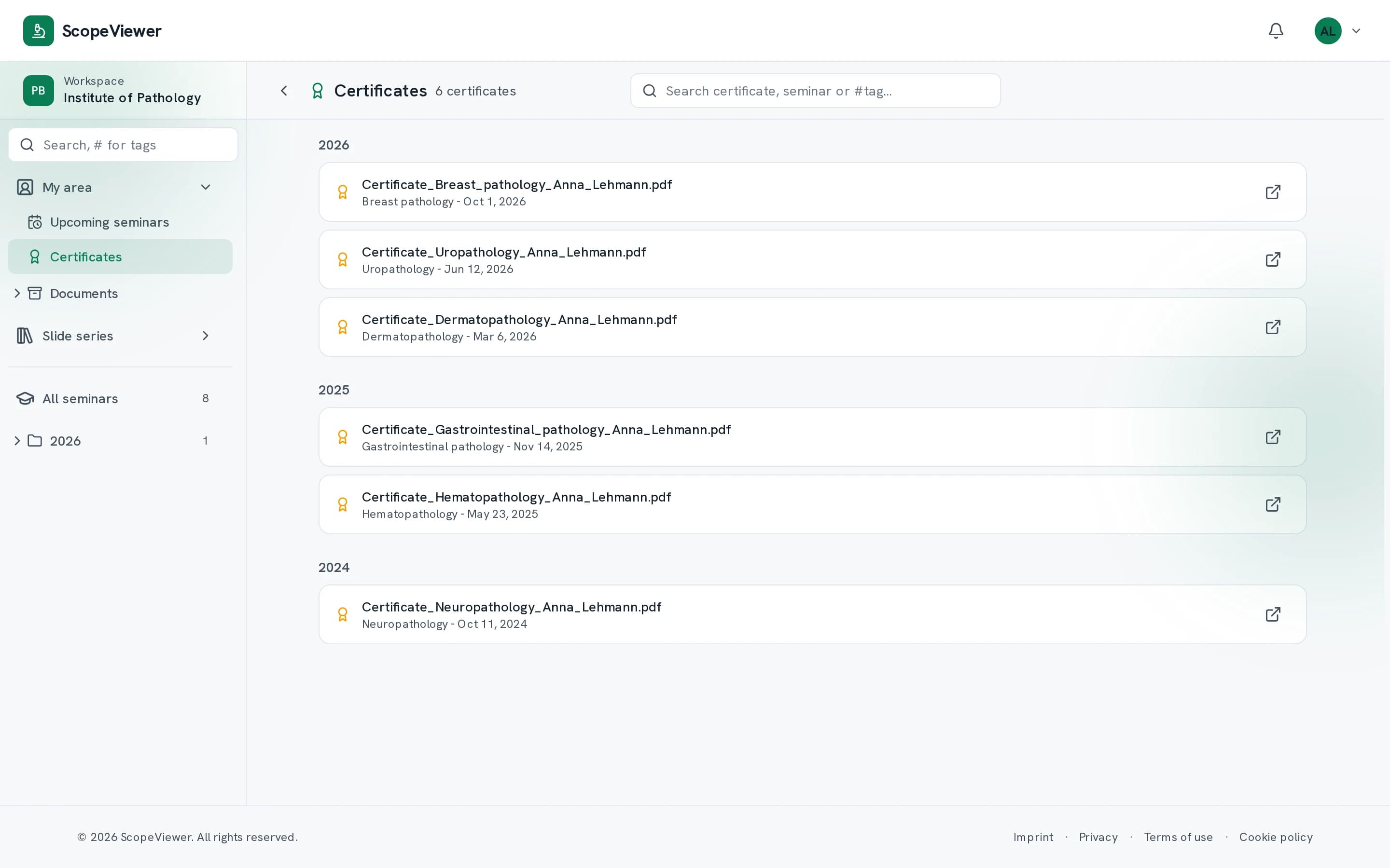 Six certificates belonging to one person, grouped by year, each opening as a PDF