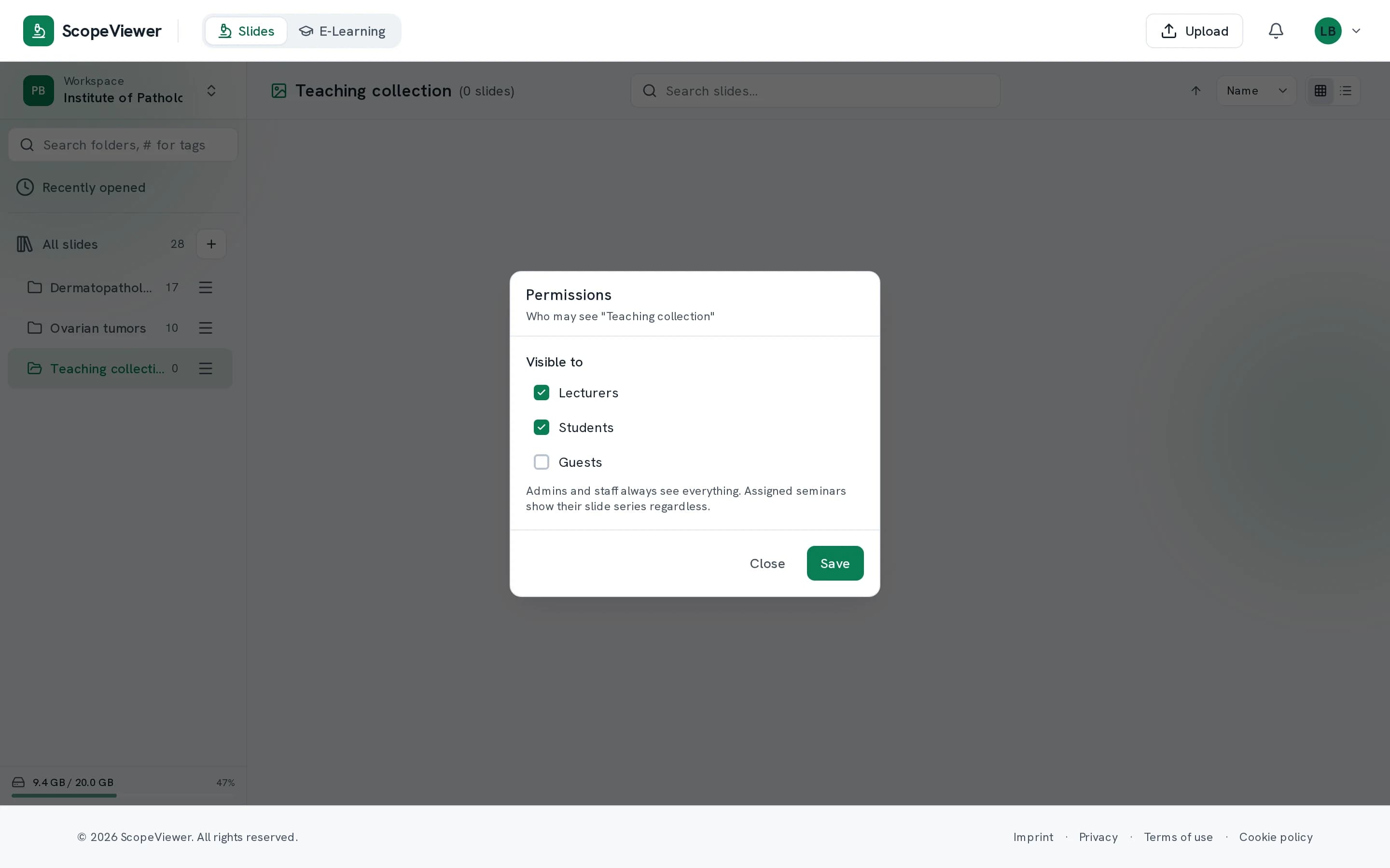 A folder's permissions dialog, with lecturers and students allowed and guests kept out