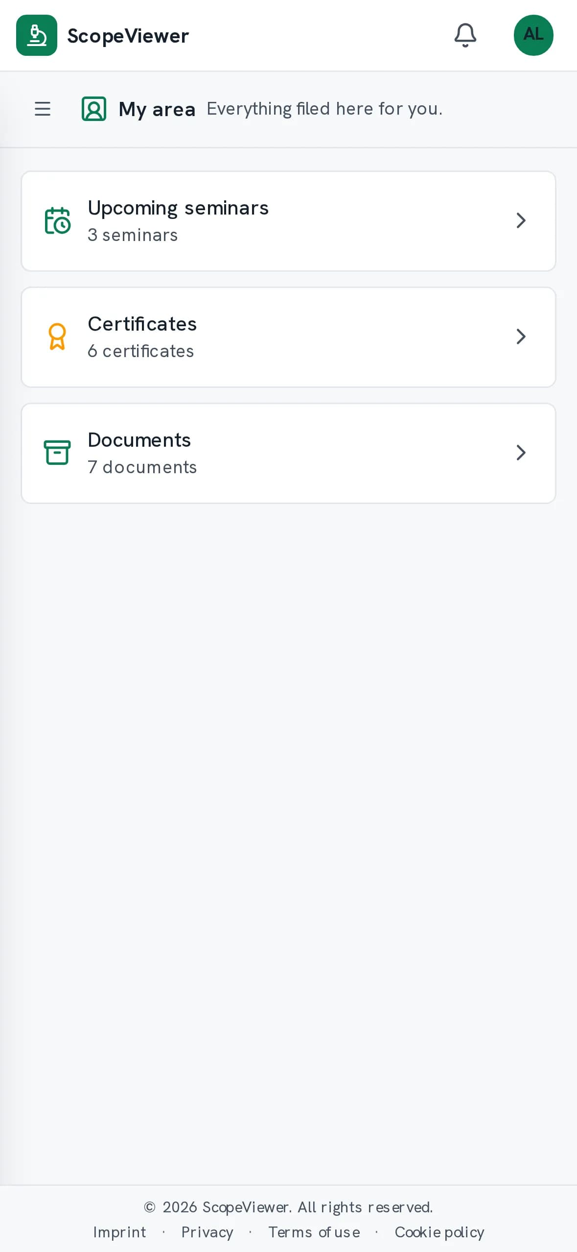 My area on a phone as participants see it, with upcoming seminars, certificates and documents