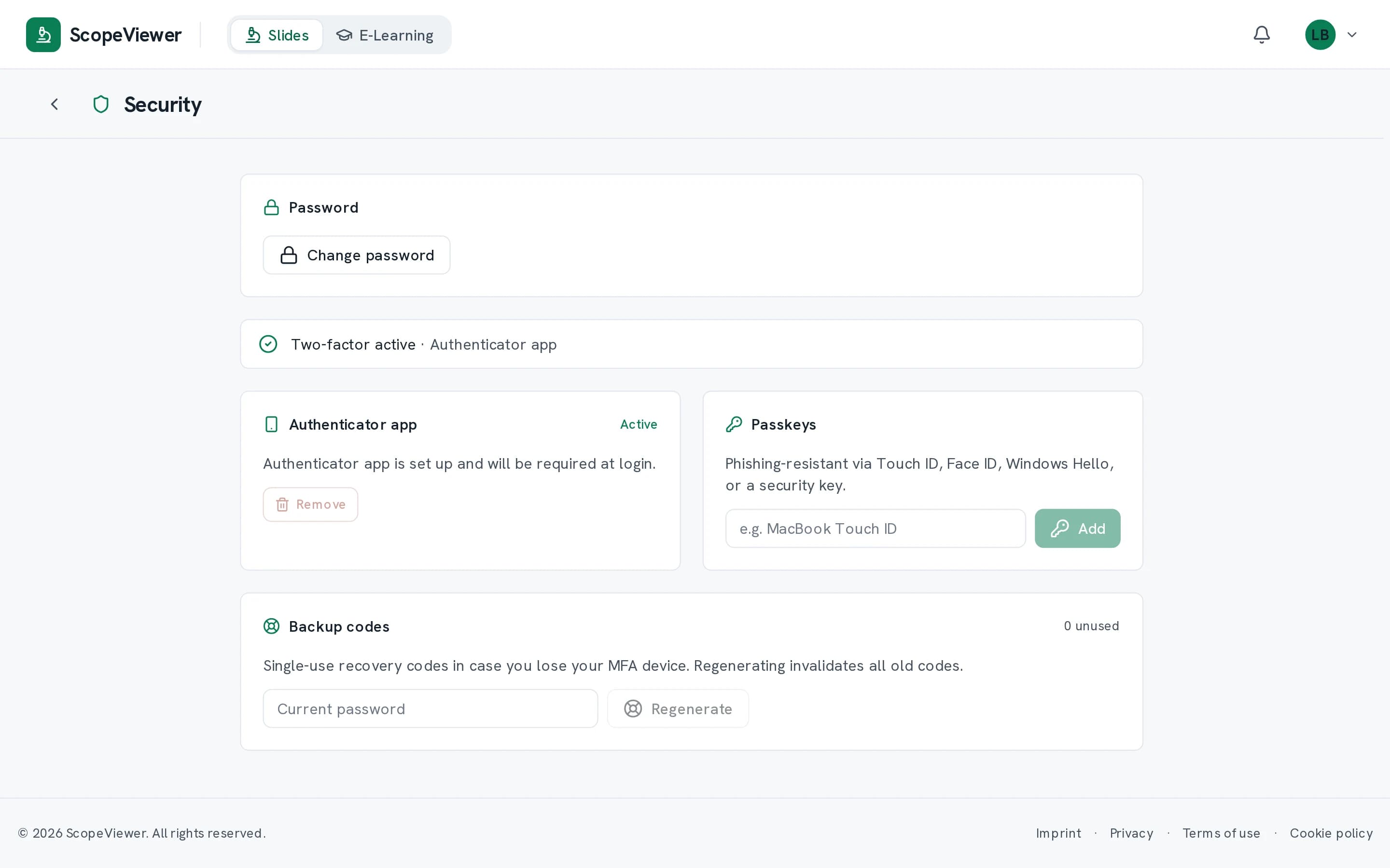 Account security settings, the authenticator app active, with passkeys and backup codes beside it