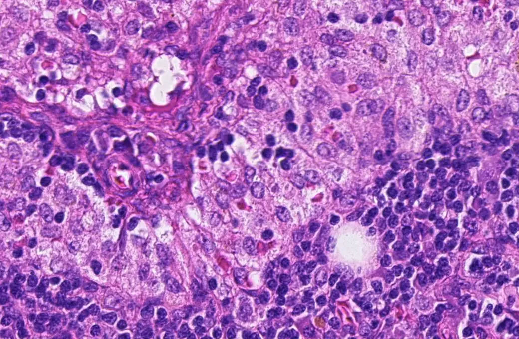 Lymph node section in H&E stain at 20x magnification